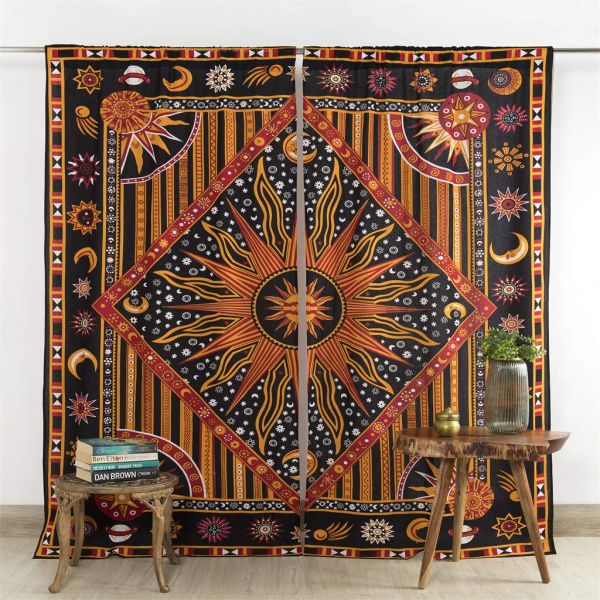 Vorhänge, 3D-indische Vorhänge, Sonnenform, Mandala, Hippie-Stil, Bohemian-Stil, Wohnzimmer, Schlafzimmer, Heimeinrichtung, Visiervorhang, Ösen oben, 2 Paneele