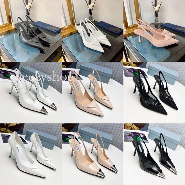 2024 Design Dedos Apontados Bombas Slingback Placa Slipps Sandálias De Salto Alto Sapatos Mulheres Vestido Festa De Casamento Escovado Leath Patent Leath Sling Back Toe