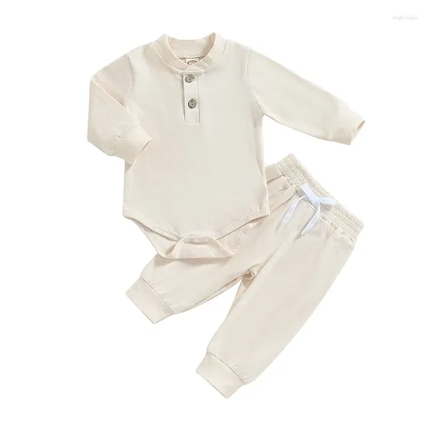 Kleidungssets für geborene Babys, Jungen und Mädchen, einfarbig, mit Knöpfen und langen Ärmeln, Strampler und Hosen, niedliche Herbst- und Winter-Outfits