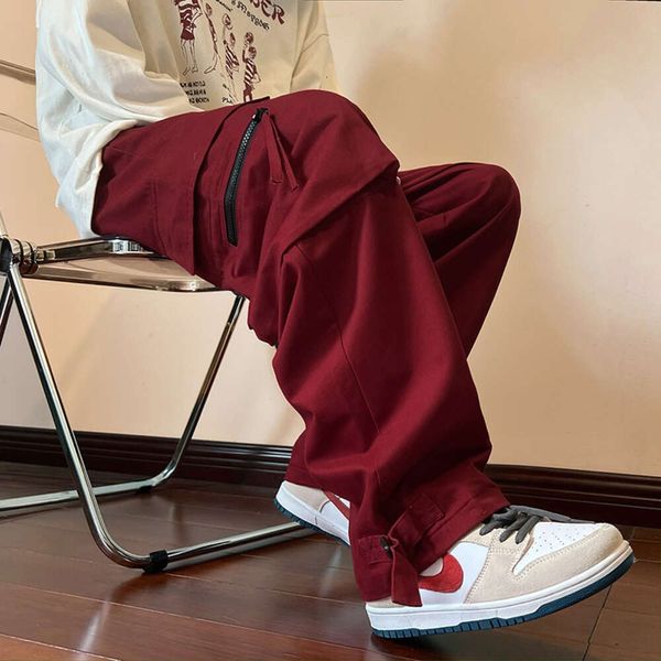 Abbigliamento da lavoro da uomo rosso vino in autunno Hip-hop americano moda casual Instagram tendenza pantaloni larghi dritti a gamba larga