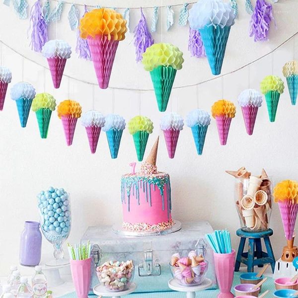 Decoração de festa 4 pçs/set colorido sorvete pendurado papel favo de mel bola para o verão dois doce aniversário chá de bebê tecido doces supp