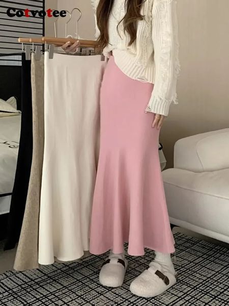 Covotee Вязаные юбки для женщин Модные тонкие юбки-русалки с высокой талией Повседневная элегантная длинная юбка до щиколотки 240314