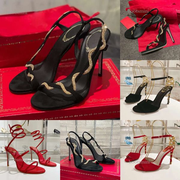 2024 Neue Caovilla Strass Serpentine Wicklung Schwarz Hochhackige Sandalen Anti Samt Elegante Sexy Mode Luxus Designer 9,5 cm Damen High Heels Bankett Party