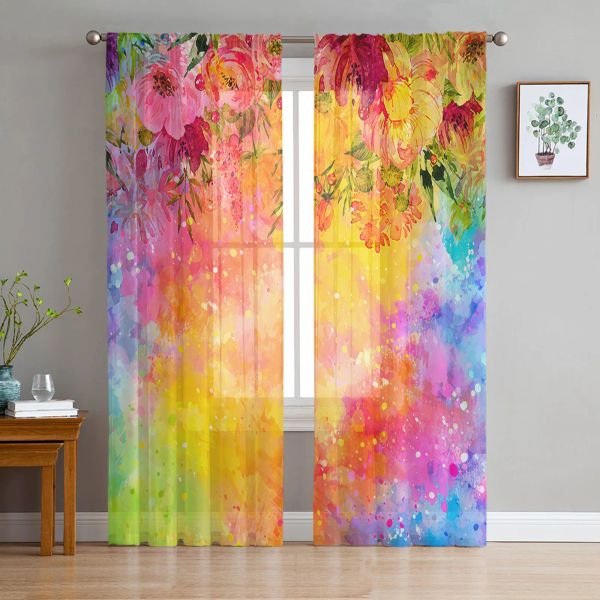 Persianas para quarto de jovens, cortinas transparentes em aquarela, flores coloridas, cozinha, estudo, sala de estar, decoração de férias, cortinas de tule