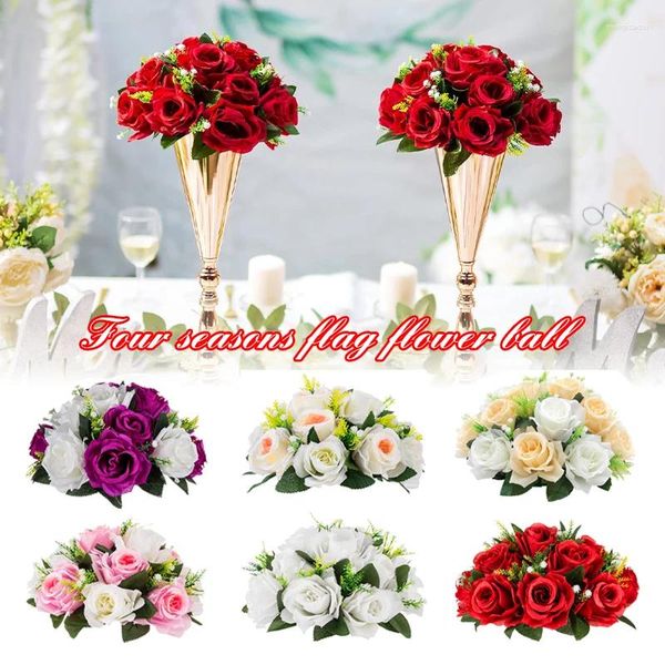 Flores decorativas 15 cabeças artificial falso flor bola plástico rosas buquê com base para peça central rack casamento decoração de casa