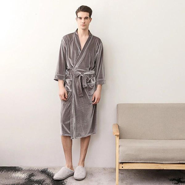 Erkekler Boynalı Flanel Gece-Rob Düz Renk Pijamaları Velvet Nightgown Çift Kış Sıcak Peignoir Homme