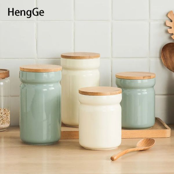 Barattoli Barattolo di ceramica sigillato nordico Barattolo di zucchero da tavolo con coperchio Tavolo da toeletta Contenitori cosmetici Set di contenitori da cucina Dispenser di cereali