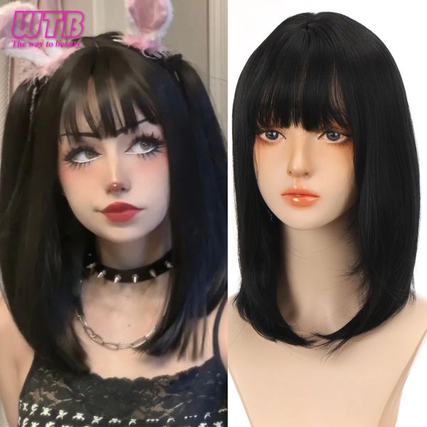 WIGS WTB Sentetik Kısa Düz Siyah Peruk Kadınlar için Orta Omuz Uzunluğu Pangs Günlük Kullanım Anime Klavikül Sahte Saç