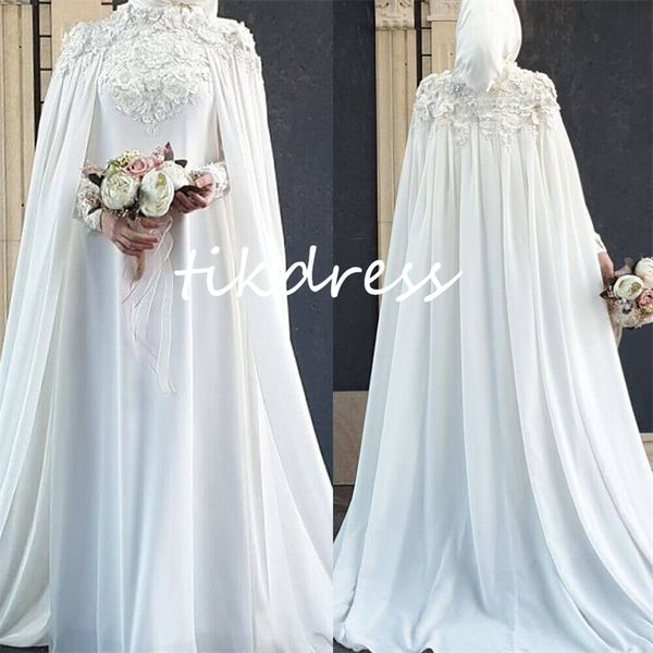 Abiti da sposa musulmani Gatsby Boho con mantello Elegante abito da sposa bohémien in chiffon islamico Appliques Abito da sposa country a maniche lunghe in pizzo 2024 vestido de novia