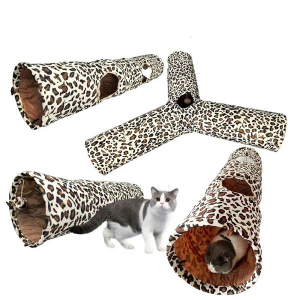 Brinquedos gato túnel leopardo impressão enrugado 3 maneiras pet túnel gatinho jogar brinquedo com bola tubo de túnel dobrável para pequenos médio grandes gatos