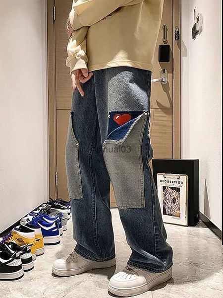 Calças de brim masculinas Harajuku perna larga jeans ensacados homens amor oversized reto denim pano Barton calças cargo roupas de rua estudante newL2403