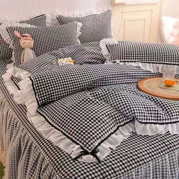 Conjunto de cama xadrez saia plissado rendas estilo princesa meninas capa edredão simples cor sólida casa têxteis decoração quarto