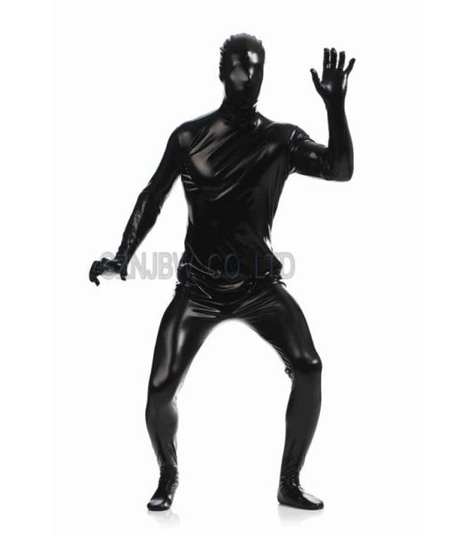 WholeAdult Mens Ecopelle Metallic Nero Brillante Pelle Piena Zentai Costume Cosplay Vestito di Halloween Tuta Unitard leotard1630455