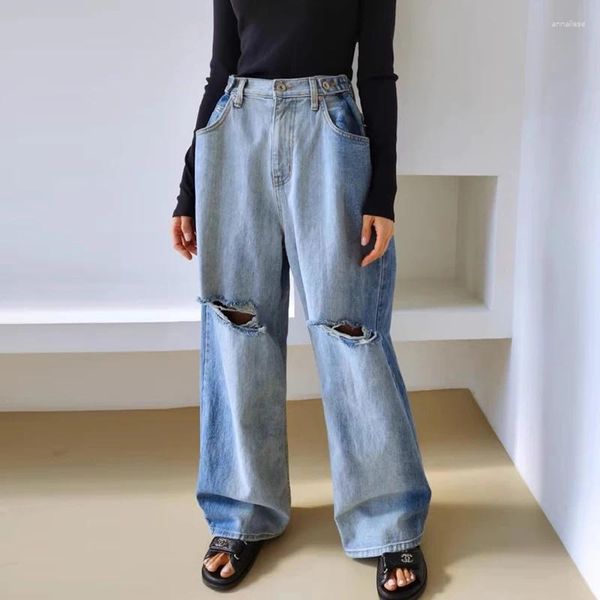 Jeans femininos superaen 2024 coreano chique primavera moda duas cores design cintura alta perna larga reta