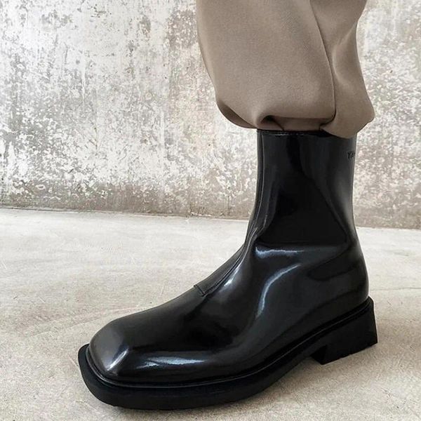 Botas estilo vintage zíper livrando para homens alto deslizamento em couro de patente mens chlese boot sapatos