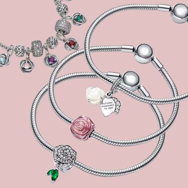 2024 Designer Charm Armband Damen Mutter Geschenk DIY passend für Pandoras White Rose in Bloom Colliers Halskette Luxus Ohrring Ring Diamanten Armband hochwertiger Schmuck
