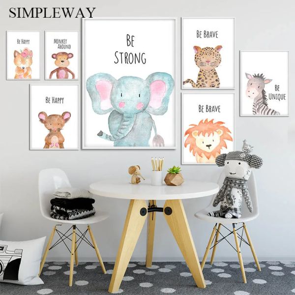 Rahmen Baby Kinderzimmer Wandkunst Leinwand Poster Druck Waldtier Löwe Elefant Nordic Kid Dekoration Bild Malerei Kinderzimmer Dekor