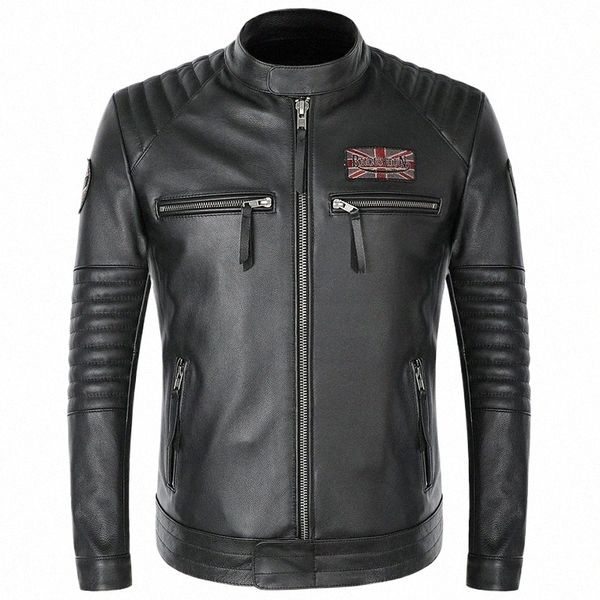 Preto Racer Mens Motorcycle Biker Genuine Patch Design Curto Slim Moto Jacket Men Real Cow Leather Aviator Coats D90d #