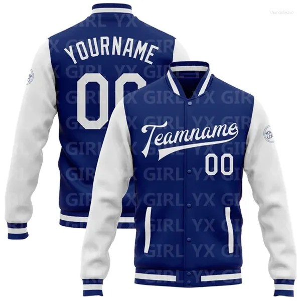 Jaquetas masculinas Custom Royal White Bomber Full-Snap Varsity Letterman Jaqueta de dois tons 3D Impresso Botão de beisebol