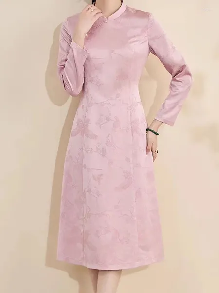 Vestidos casuais evnisi outono inverno mulheres elegante rosa a-line vestido de escritório para mangas compridas estilo chinês cheongsam 2024