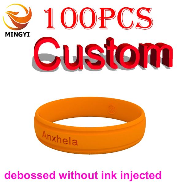 Armbänder 100 Stück, geprägte Technik ohne Farbfüllung, anpassbares Logo, ID, SOS-Armband, graviertes individuelles Silikon-Armband