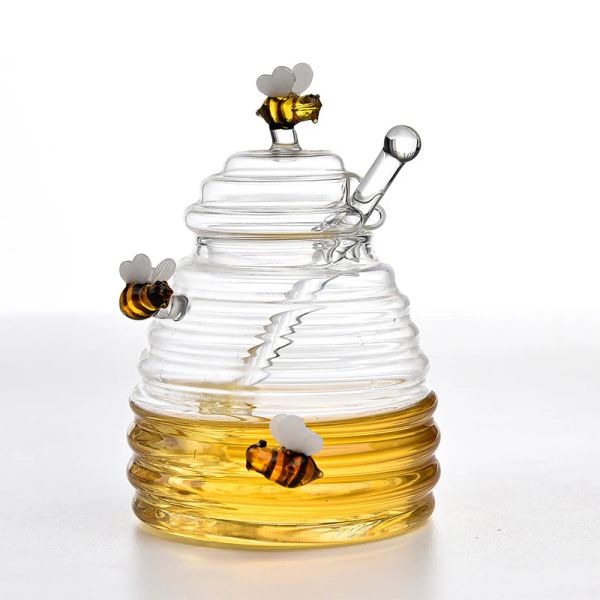 Barattoli Simpatico barattolo di api Contenitore per dispenser sigillato in vetro Vaso per miele in vetro trasparente con coperchio Contenitore per utensili da cucina Honeypot