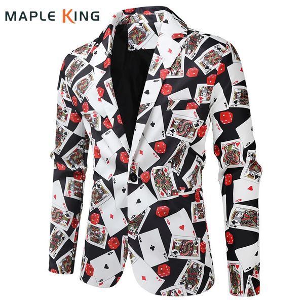 Mens Blazer Jaqueta Casacos Jogando Cartas Poker 3D Impressão Vestido de Festa Terno Traje Homme De Luxe Roupas Masculinas Veste Pour Homme 240309