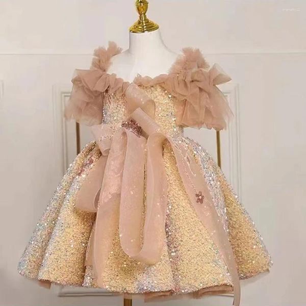 Mädchenkleider Jill wünschen elegante arabische Goldkleidung Paillettenbon Dubai Kinder Prinzessin Geburtstag Hochzeitsfeier Erstes Kleid 2024 J225