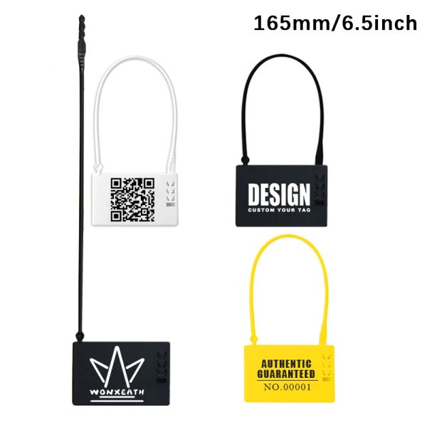 Accessori 100pcs tag di appeni personalizzati abiti in plastica usa e getta di sicurezza etichetta logo marchio per scarpe da abbigliamento borse regalo 165 mm/6.5 
