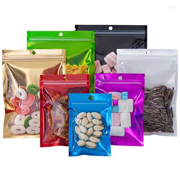 Depolama torbaları 100pcs metal renkler alüminyum folyo düz şeker yeniden kapatılabilir ısı mühürlü paketleme çantası fermuarlı kilit tozu kahve paketleri