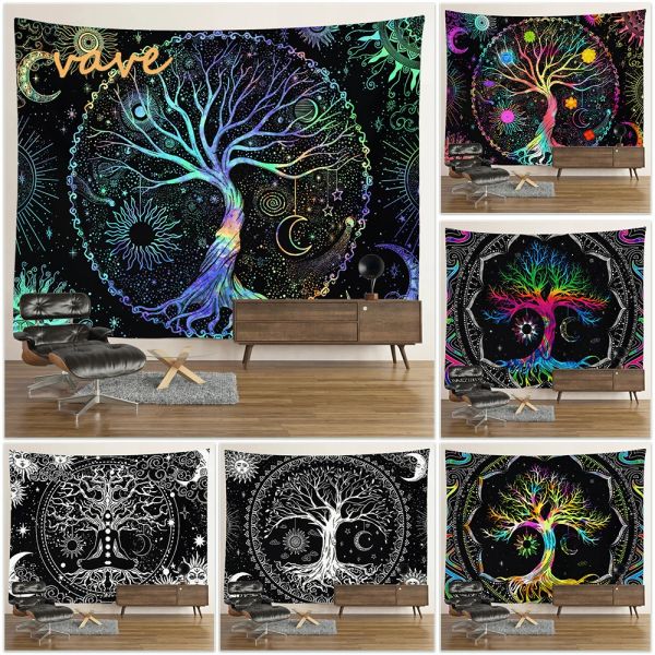 Cuscino Trippy Psichedelico Albero della Vita Arazzo Appeso a Parete Kawaii Room Decor Estetico Grande Mandala Stregoneria Boho Arazzi