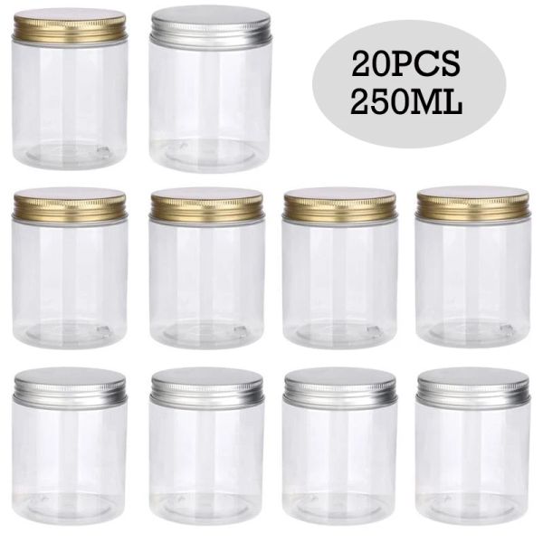 Gläser 20 stücke 250 ml Klar Leere Kunststoff PET Lagerung Glas Mit Gold/Silber Aluminium Deckel Kosmetische Gesichts Creme lebensmittel Container Hause Liefert