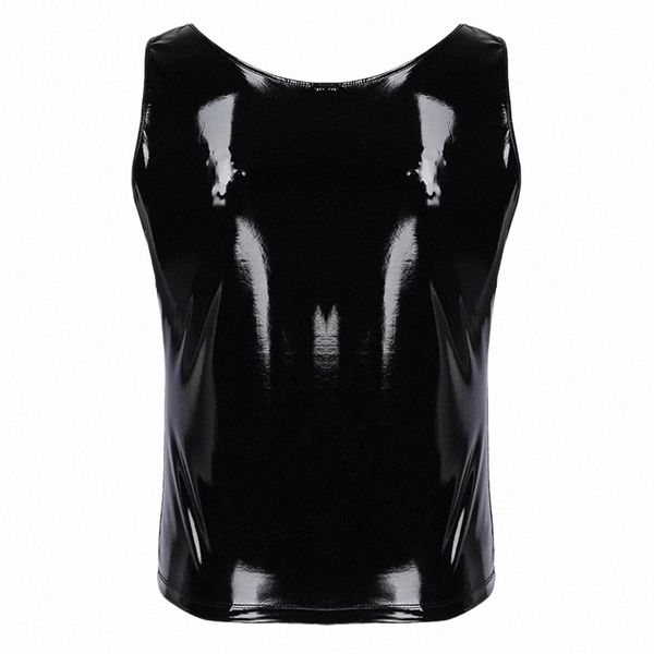 Crop Tops Top Men Sexy Shiny Leather Sleevel Slim Summer T-Shirt Tank Top Tank Tops Top Fit T-shirt Undershirt e7jw #