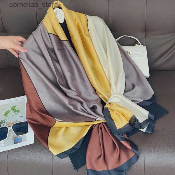 Bandane Sciarpe Durag Nuovo 180 * 90 cm Sciarpa di seta ic Donna Foulard Office lady Grande stampa di moda Spiaggia Scialle Hijab Ordito Bandana Silenziatore Pareo Y240325