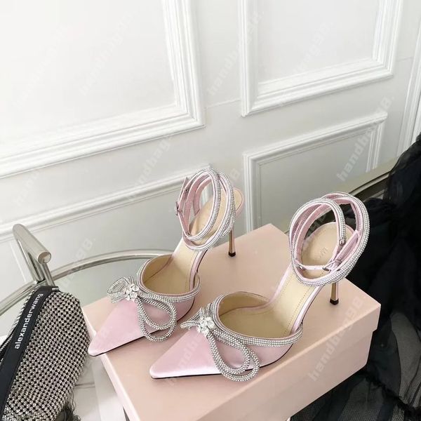 Tasarımcı Elbise Ayakkabı Ayakkabı Stiletto Topuklar Sandals Kadın Topuklu Glitter satin yay pompaları kristal pembe gri boyut 35-42