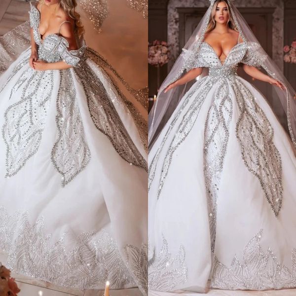 Vestidos de casamento de cristal clássico cintas de espaguete vestidos de noiva feitos sob encomenda lantejoulas sem mangas vestido de baile trem varredura vestido de novia