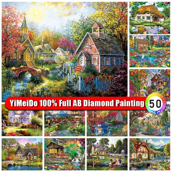 Yimeido 100% ab pintura diamante casa de jardim broca completa bordado mosaico paisagem ponto cruz decoração de arte de parede de casa