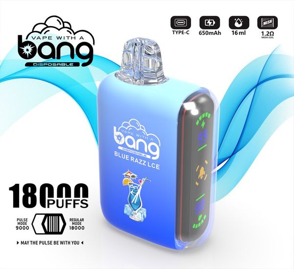 Bang Dual Coil 18000 Puffs Einweg-Vape Puff 18K wiederaufladbare E-Zigaretten Mesh-Spule mit digitalem Bildschirm Display vorgefüllt 26 ml Schotenkarren Big Vaper