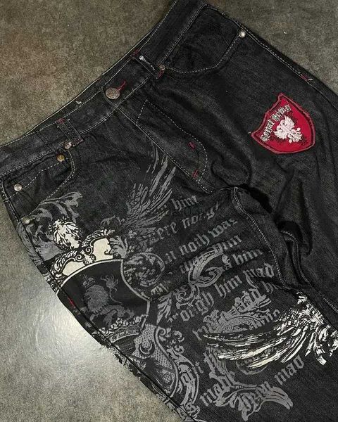 Jeans da uomo Hip Hop Jeans larghi ricamati con grafica retrò Streetwear Jeans Y2K Pantaloni neri Harajuku Pantaloni larghi a vita alta gotici da uomoL2403