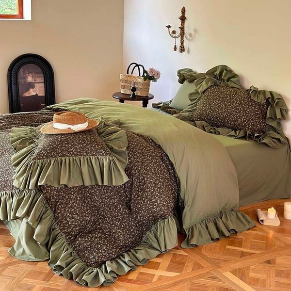 Set copripiumino con fiori increspati verdi al 100% cotone Francia, biancheria da letto vintage in fattoria, copripiumino, federe con lenzuolo piatto/con angoli