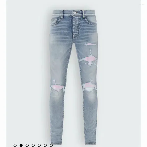 Jeans da uomo High Street Fashion Brand Lettera blu Patch ricamata rosa da uomo slim