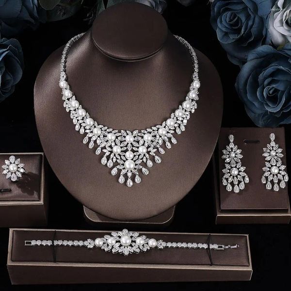 Halskette Ohrringe Set 2024 Modeschmuck CZ Charmanter Kristall 4 Stück Luxus Braut Große Hochzeit Dekoration Armband Ring