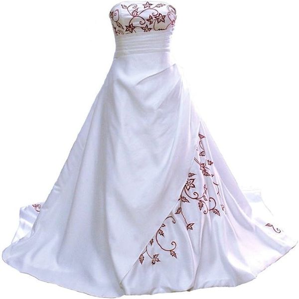 Gotische farbige Stickerei-Brautkleider 2024, trägerlos, Satin, Sweep-Zug, Korsett, Schnürung, Country-Brautkleid, skurriles Midevil-Brautkleid, elegante Robe de Mariee