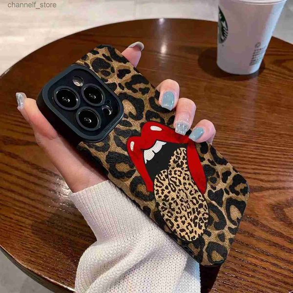 Handyhüllen Mode Hot Red Lip Leopard Print Hülle für iPhone 15 11 12 14 13 Pro Max Mini 7 8 Plus X XS XR Weibliche große Zunge Silikon CoverY240325