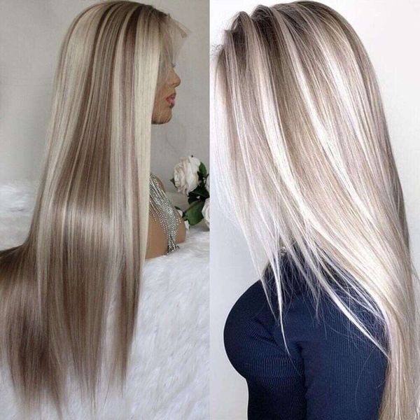 Aisom Parrucca anteriore in pizzo sintetico lungo misto marrone e biondo Ombre per donna Parrucca evidenziata (22IN Straight Blonde)