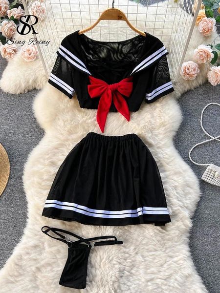 Vestidos de trabalho singiny estilo preppy cosplay sheer nightsuits feminino arco doce curto topo mini saia tangas 2024 transparente erótico pornô