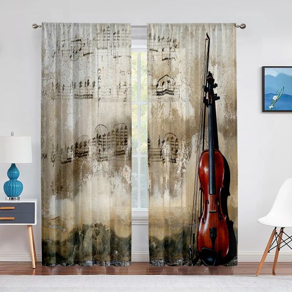 Cortinas vintage notas musicais violino sheer voile cortinas para sala de estar quarto decoração janela da cozinha transparente chiffon tule cortina