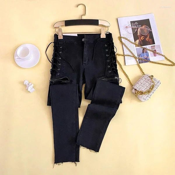 Женские джинсы с боковым шнурком и молнией, обтягивающие женские летние тонкие леггинсы с высокой талией