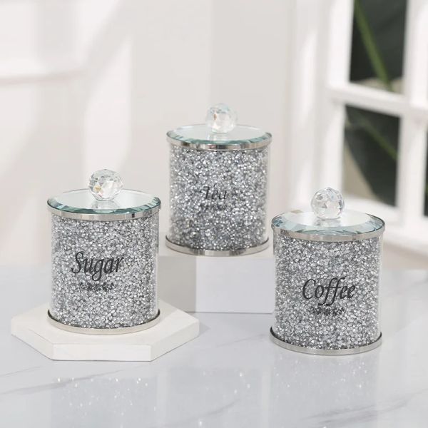 Frascos de vidro conjuntos de vasilha de cozinha com diamantes de cristal esmagado café açúcar chá recipiente jar com tampa de vidro decorativo armazenamento de alimentos