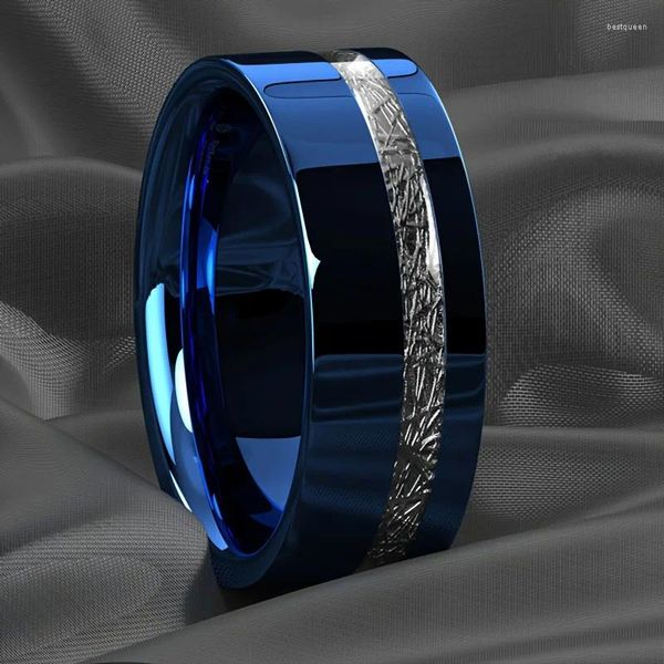 Eheringe Mode 8mm Blau Edelstahl Ring Für Männer Vintage Silber Farbe Meteoriten Intarsien Versprechen Band Schmuck Geschenke